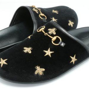GUCCI - Black Velvet Gold Bee Embroidered Mule Slide - Size 10